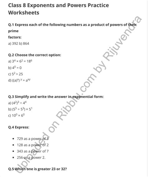 Class 8 Exponents and Powers Worksheet