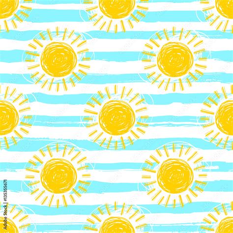 Sun pattern seamless, striped background. Hand drawn yellow sunshine icons. Cute hand-drawn ...