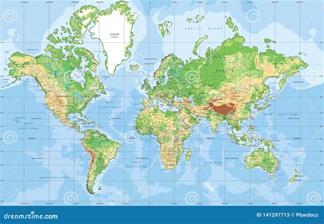 Physical World Map in Mercator Projection. Stock Vector - Illustration of background, global ...