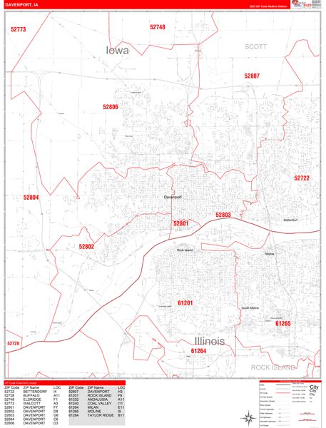 Davenport Iowa Zip Code Wall Map (Red Line Style) by MarketMAPS - MapSales