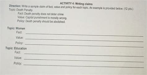 Solved write a sample claim of fact, value and policy for | Chegg.com