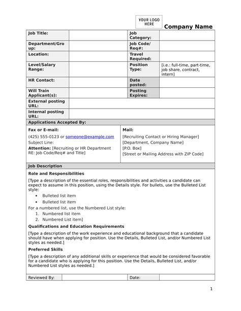 Job Descriptions Template Word - Sarseh.com