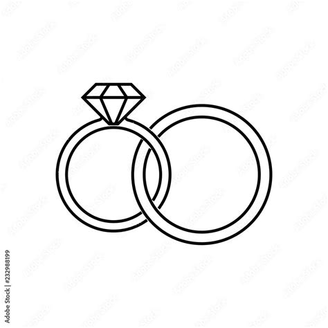 Wedding rings linear icon. Thin line illustration. Interlocked wedding ring with diamond contour ...