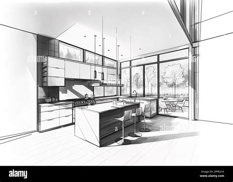 Architectural sketch of a modern modern kitchen, black and white drawing Stock Photo - Alamy