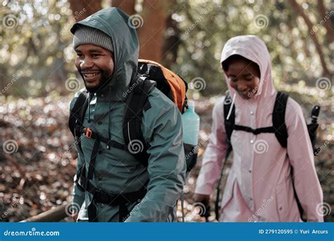 Happy, Black Couple and Hiking with Smile for Travel, Adventure or ...