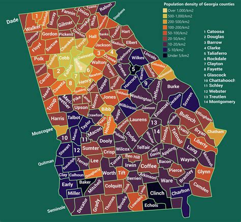 Population density of Georgia counties (2018) : r/Georgia