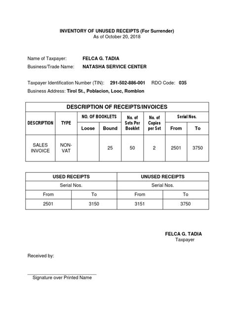 Inventory of Unused Receipts | PDF