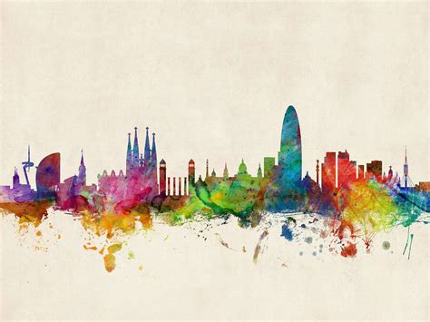 Medium Barcelona Spain Watercolour Skyline (Rolled Canvas - No Frame)