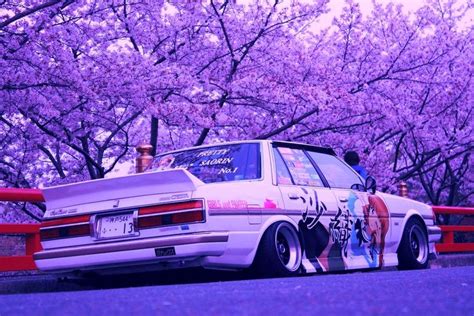 White Car Parked in Front of Pink Trees