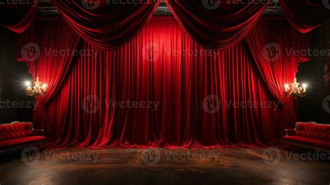 Dramatically Lit Lustrous Red Velvet Theatre Curtains and Wooden Stage ...