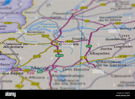 Caceres Spain shown on a road map or Geography map Stock Photo - Alamy