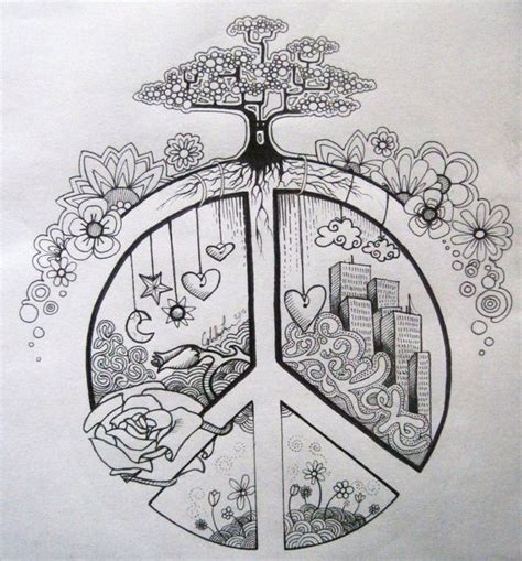 Peace Sign Drawing with Flowers and Birds