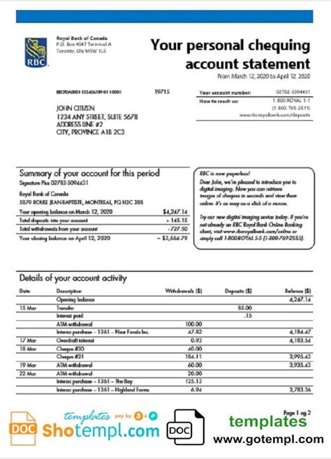 Canada Royal Bank of Canada (RBC) bank statement template in Word and ...