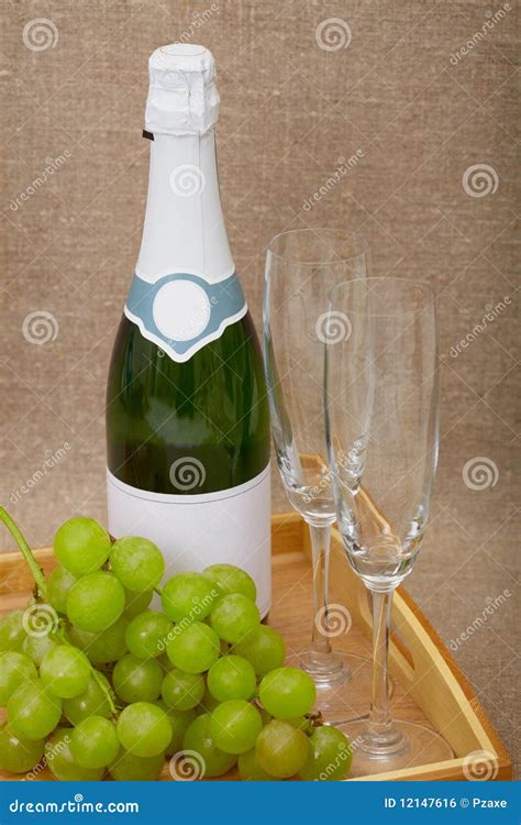 Sparkling Wine with Grapes and Wine Glasses Stock Photo - Image of dark, champagne: 12147616