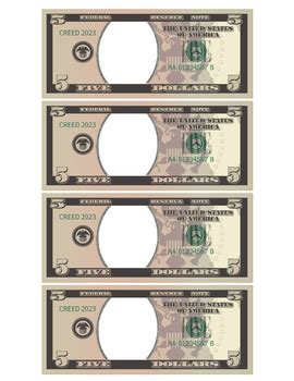 5 Dollar Bill Template - Letter page ready to print (FRONT and BACK)