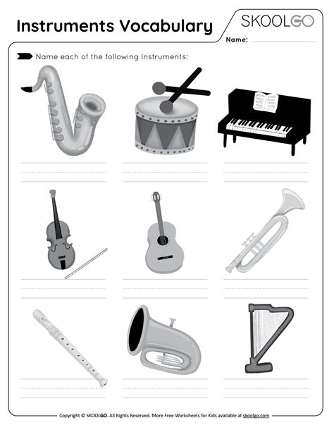 Instruments Vocabulary - Free Worksheet for Kids - SKOOLGO