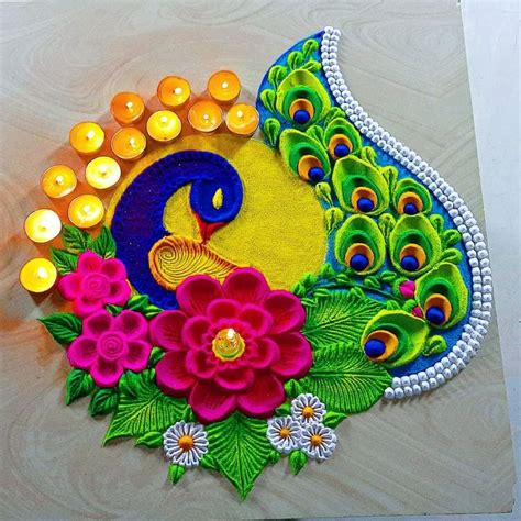 30+ Freehand Peacock Rangoli Designs for Decoration | Peacock rangoli ...