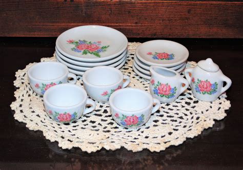 Miniature Porcelain Tea Set, Pink Rose Pattern, 15 Piece Set, Child's Pretend Play Dishes, Made ...