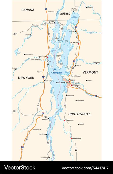 Map north american lake champlain Royalty Free Vector Image