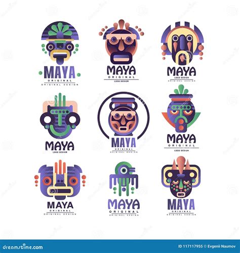 Maya Logo Original Design Set, Emblems with Ethnic Mask, Aztec Signs ...