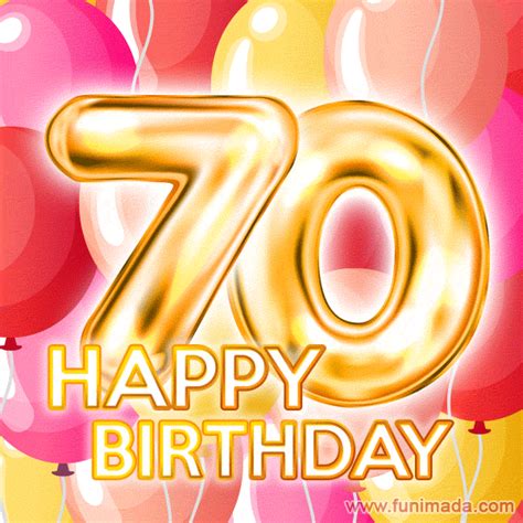 Fantastic Gold Number 70 Balloons Happy Birthday Card (Moving GIF) | Funimada.com