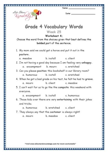 Grade 4: Vocabulary Worksheets Week 25 – Lets Share Knowledge