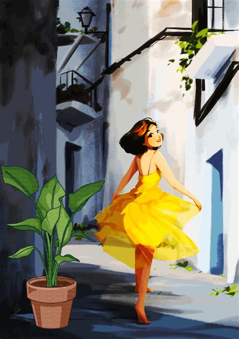 a painting of a woman in a yellow dress walking down the street with a potted plant