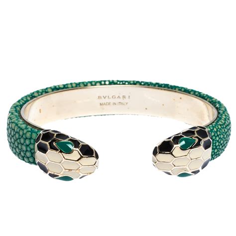 Bvlgari Serpenti Forever Enamel & Green Galuchat Leather Gold Plated Open Cuff Bracelet Bvlgari ...