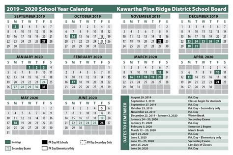 the school calendar for kawarta pine district school board, with ...