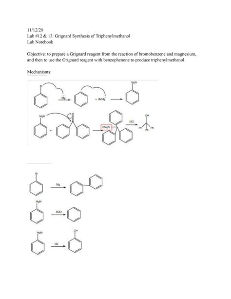 Grignard synthesis of triphenylmethanol lab notebook - 11/12/ Lab #12 ...