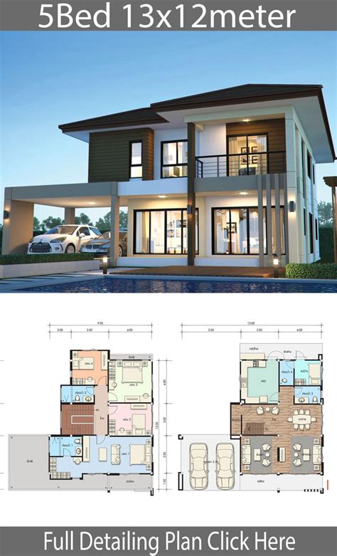 House design plan 13x12m with 5 bedrooms - House Idea | Beautiful house plans, Modern house ...