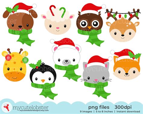 Christmas Animal Faces Clipart Cute Animals Clip Art Set - Etsy UK