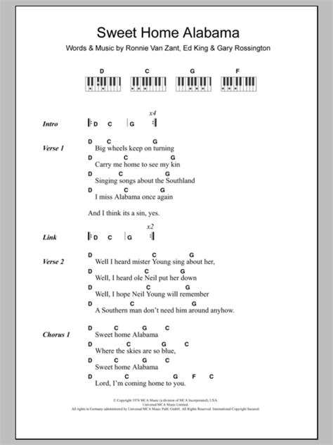 Sweet Home Alabama by Lynyrd Skynyrd Sheet Music for Piano Chords/Lyrics at Sheet Music Direct