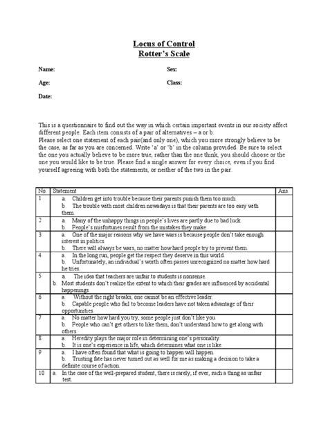 Understanding Locus of Control: Scoring Rotter's Internal-External Locus of Control Scale | PDF ...