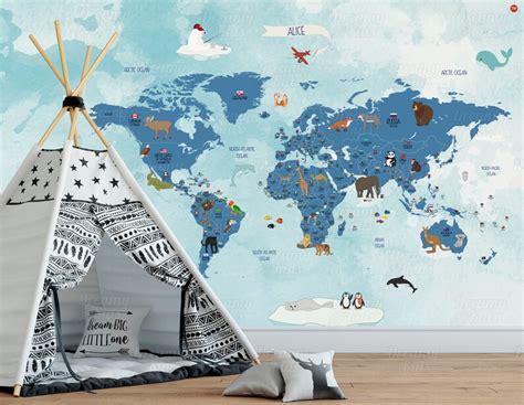 Kids World Map Blue World Map Wallpaper Kids Wallpaper - Etsy