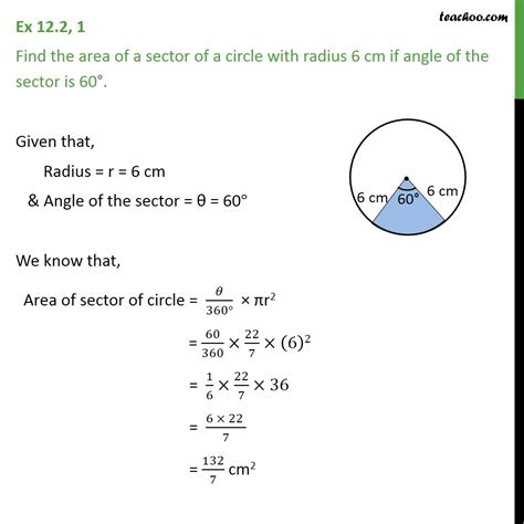 Ex 12.2, 1 Class 10 - Find area of a sector, radius 6 cm, angle is 60