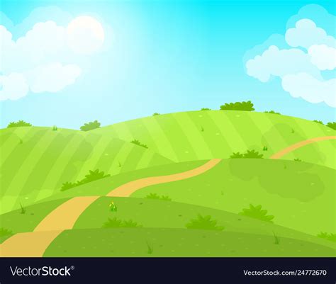 Cartoon summer green field and road Royalty Free Vector