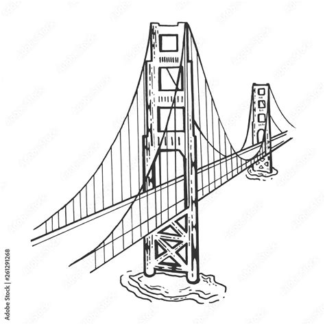 Golden Gate Bridge sketch engraving vector illustration. Scratch board style imitation. Black ...