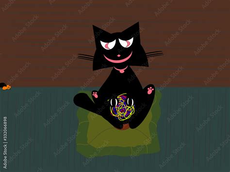 Cartoon Black baby cat playing with yarn Vector illustration Stock ...