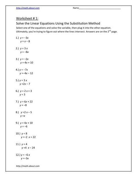 Worksheet # 1: Solve the Linear Equations Using the Substitution ...