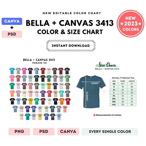 Bella Canvas 3413 Color Size Chart EDITABLE Canva Template 3413 Triblend Tee 3413 Size Chart ...