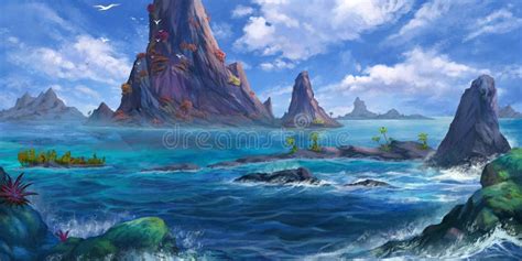 Sea Island, Mountain. Fantasy Backdrop. Concept Art Stock Illustration ...