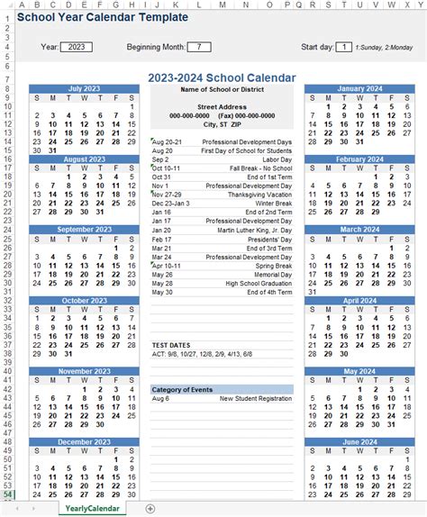 District School-Year Calendar Excel Template