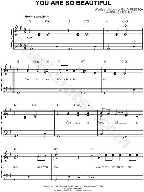 Joe Cocker "You Are So Beautiful" Sheet Music (Easy Piano) in G Major (transposable) - Download ...