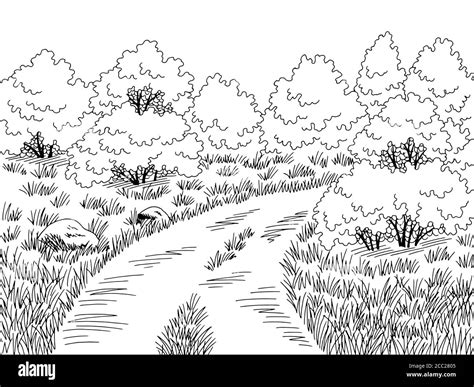 Rural road graphic black white landscape sketch illustration vector ...