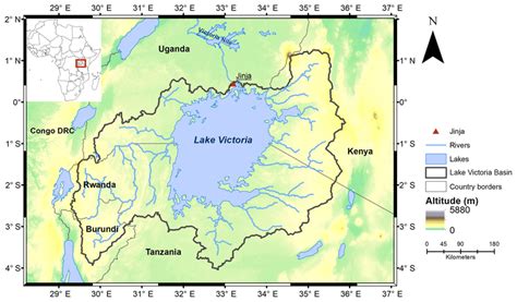 Map of Lake Victoria and its basin with surface heights from the ...