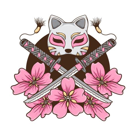 Katana Sword and cat mask with Cherry blossoms Hand drawn Illustration in 2022 | Drawing ...