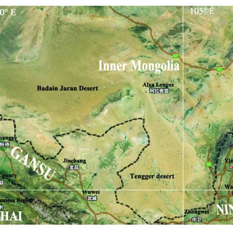 | Map showing Badain Jaran desert location and Tengger desert location. | Download Scientific ...