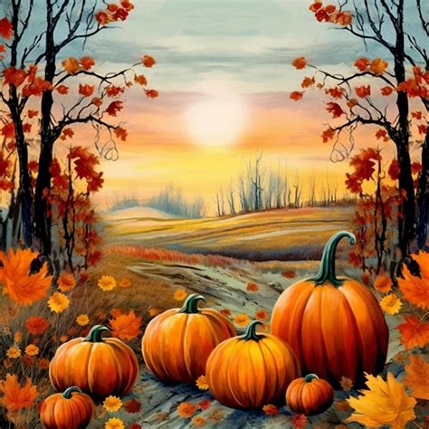 Premium AI Image | A painting of pumpkins on a field with a sunset in ...