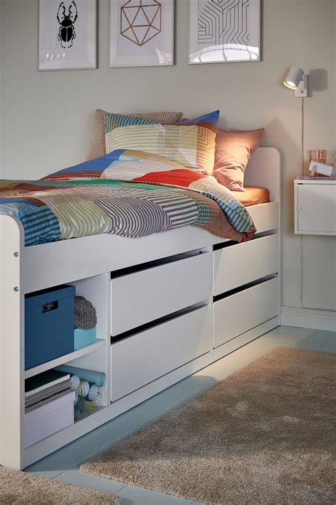 SLÄKT bed frame w storage+slatted bedbase, white, 90x200 cm - IKEA | Sängram, Säng idéer ...